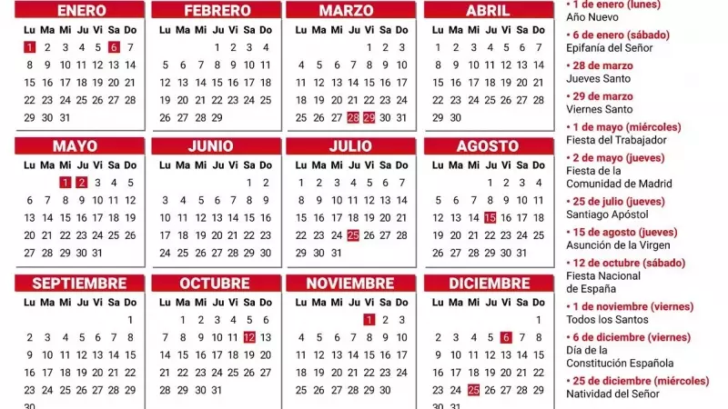 El calendario laboral con los festivos de la Comunidad de Madrid para el año 2024