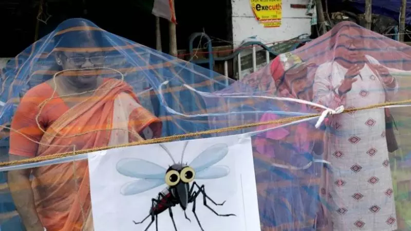 Activistas del Congreso Nacional se colocan bajo mosquiteras mientras protestan contra el gobierno de Bengala por el brote de dengue en Calcuta, este de la India, el 25 de septiembre de 2023.