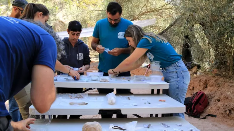 Arqueòlegs classificant objectes trobats a les fosses