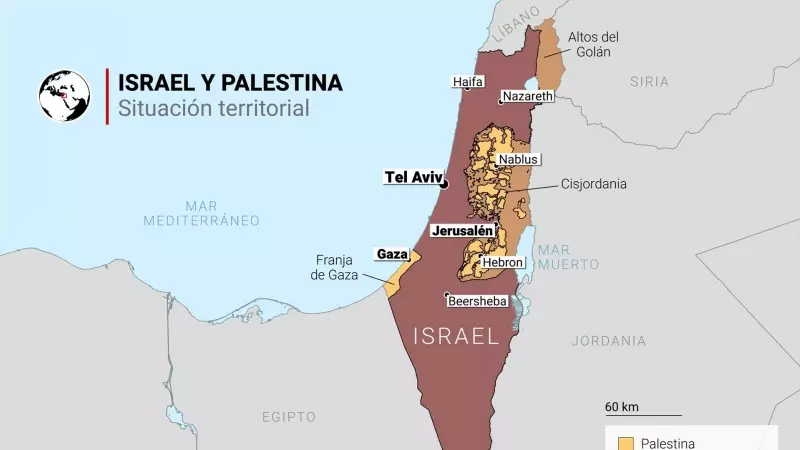 Mapa político de Israel y los territorios palestinos con la ubicación de Cisjordania y la Franja de Gaza y los territorios en disputa entre Israel, Siria y Líbano en el norte.
