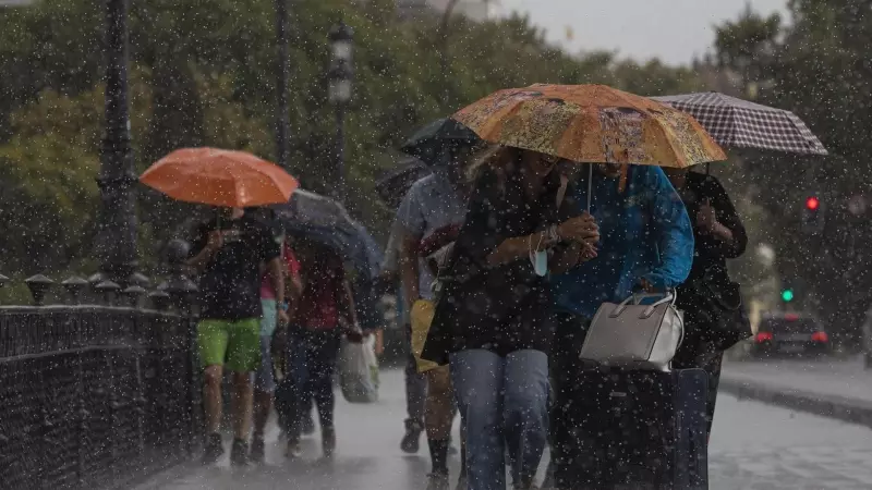 Varias personas caminan bajo sus paraguas en Sevilla, Andalucía, a 13 de septiembre de 2022.