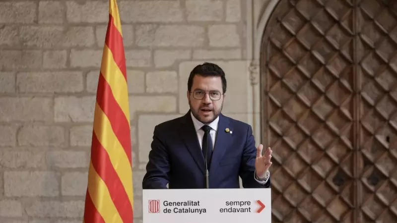 16/10/2023 - El presidente de la Generalitat de Cataluña, Pere Aragonès, compareció este mediodía tras analizar con su gobierno el informe sobre las vías para un referéndum pactado.