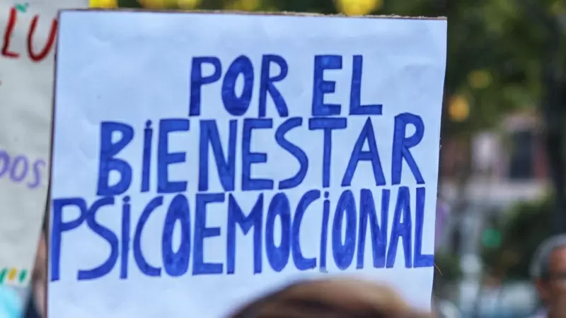 Manifestante sostiene un cartel durante una marcha por la salud mental como derecho universal con un recorrido de Atocha a Cibeles, a 10 de octubre de 2023, en Madrid (España).