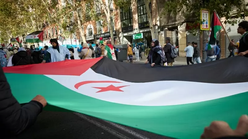 Varias personas sujetan una bandera durante una manifestación en apoyo al Sahara Occidental, desde Atocha a la plaza de Jacinto Benavente, a 11 de noviembre de 2023, en Madrid