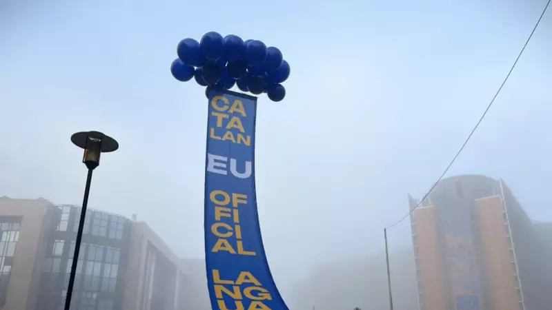 Imatge d'una de les pancartes desplegades per Plataforma per la Llengua davant la seu del Consell de la UE a Brussel·les per reclamar l'oficialitat del català