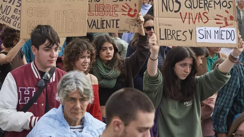 Varias personas sujetan carteles durante una manifestación contra la violencia machista en Santander, a 25 de noviembre de 2023.