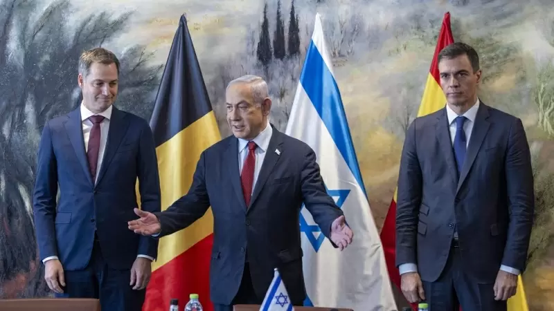 El primer ministro belga, Alexandre De Croo, el primer ministro de Israel, Benjamin Netanyahu y el presidente del Gobierno, Pedro Sánchez, la pasada semana en Jerusalén.