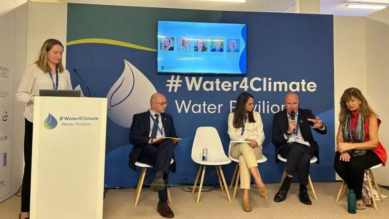El conseller d'Acció Climàtica, David Mascort, durant l'esdeveniment paral·lel 'Casos d'innovació en relació a la gestió sostenible de l'aigua'.