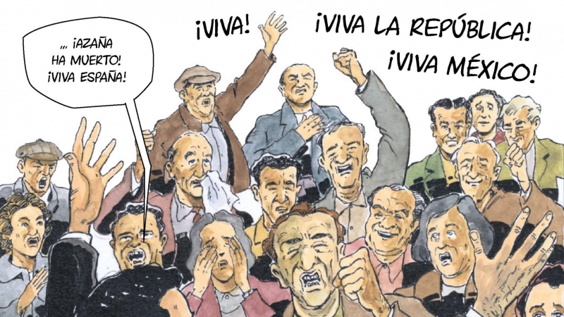 Viñeta del cómic 'Plomo y gualda. Entierro mexicano de Azaña en Francia', de Juanarete y Manuel Granell.