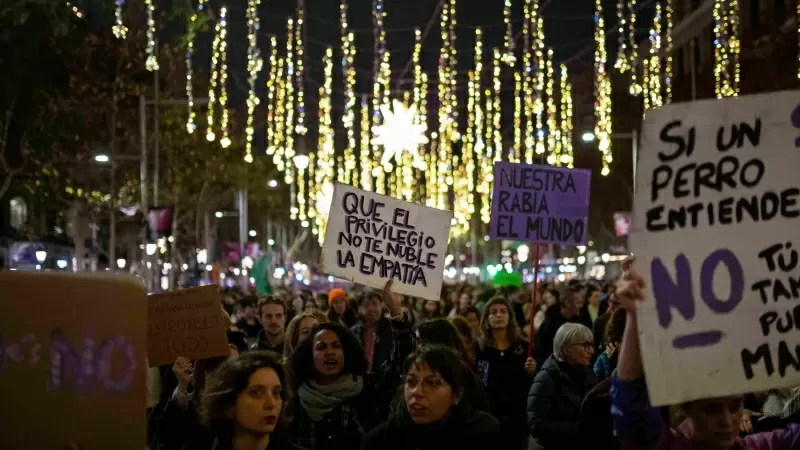 Decenas de personas portan carteles durante la manifestación por el 25-N, a 25 de noviembre de 2023, en Barcelona