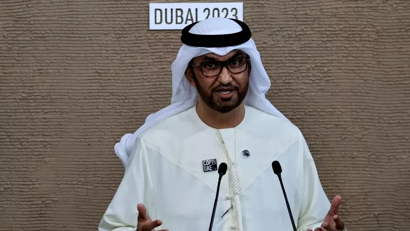 El Ministro de Industria y Tecnología de los Emiratos Árabes Unidos y presidente de la COP28, el Sultán Ahmed al Jaber, durante una conferencia de prensa en la COP28, en Dubái, a 10/12/2023