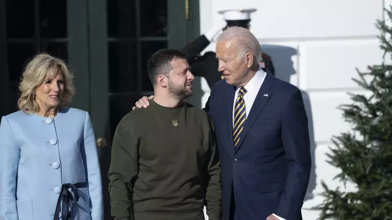 Fotografía de archivo de diciembre de 2022 del presidente de Ucrania, Volodimir Zelenski, y el presidente de Estados Unidos, Joe Biden, junto con su esposa Jill Biden.