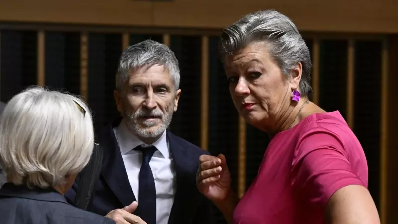 El ministro del Interior español, Fernando Grande-Marlaska (c), y la comisaria de Interior de la Unión Europea, Ylva Johansson (d), en una reunión del Consejo de la Unión Europea el pasado junio.