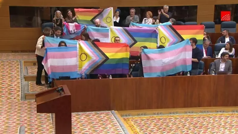 Momento en el que la diputada Carla Antonelli regresa a su asiento tras su intervención en el pleno del 22 de diciembre, arropada por banderas trans
