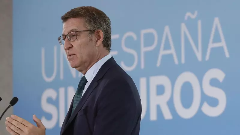 El presidente del Partido Popular, Alberto Núñez Feijóo hace el balance del año 2023 del PP, este jueves en Madrid