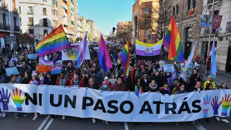 Decenas de personas durante una manifestación en defensa de la Ley LGTBI y la Ley Trans de la Comunidad de Madrid, a 17 de diciembre de 2023, en Madrid (España).
