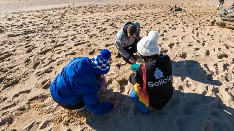 8/1/24 Varias personas limpian de pellets la playa Do Vilar, en Ribeira (A Coruña), el pasado domingo.