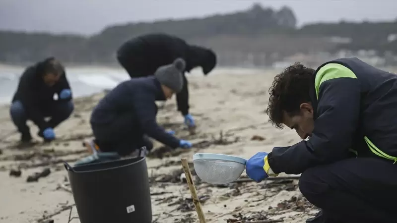 Voluntarios limpian pellets en la playa de Samil, a 10 de enero de 2024, en Vigo, Pontevedra, Galicia.