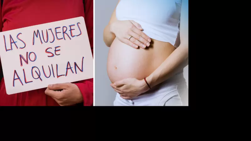 Montaje de dos fotografías: La primera, una mujer sostiene una pancarta contra los vientres de alquiler en una manifestación en Madrid en el marco de la polémica de Ana Obregón. La segunda: una imagen de Freepik de una embarazada.  OK