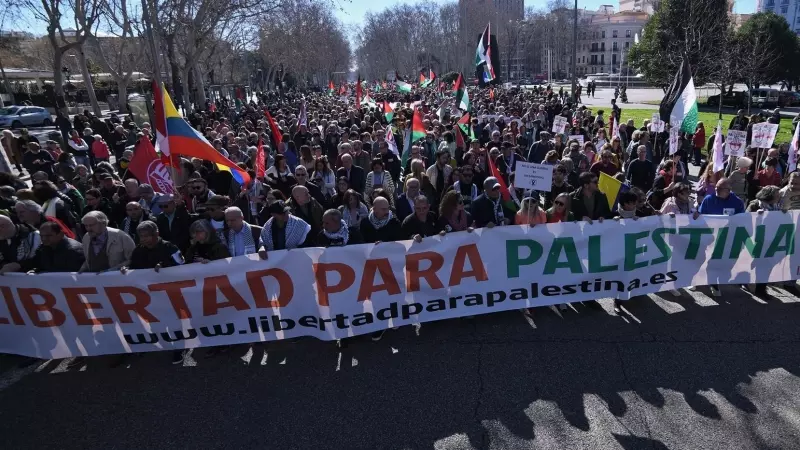Decenas de personas durante la manifestación en apoyo a Palestina, el 17 de febrero de 2024, en Madrid (España).