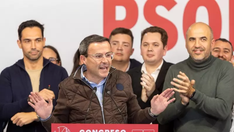 El presidente de la Diputación de Badajoz, Miguel Ángel Gallardo, tras vencer en las primarias del PSOE de Extremadura, en Mérida. 2-3-2024.