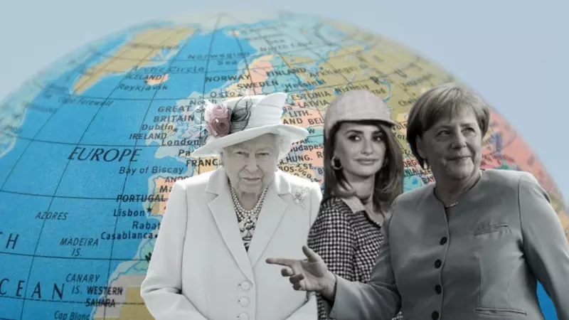 08/03/2024 Isabel II, Penélope Cruz y Angela Merkel sobre la imagen de un globo terráqueo.