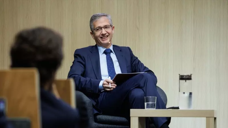 12/03/2024 El presidente del Banco de España, Pablo Hernández de Cos, durante un encuentro con estudiantes organizado por CUNEF Universidad, a 15 de febrero de 2024, en Madrid.