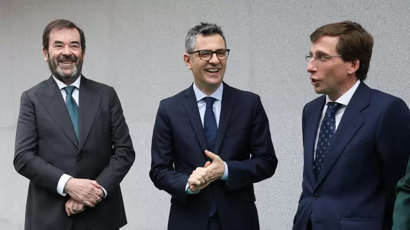 El presidente del CGPJ, Vicente Guilarte, el ministro de Justicia, Félix Bolaños, y el alcalde de Madrid, José Luis Martínez-Almeida, el 8 de febrero de 2024.