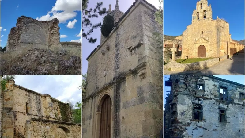 De izq. a der., el Priorato de La Quinta (Valbuena de Pisuerga, Palencia), la Ermita de Santo Toribio (Oña, Burgos), la Iglesia de San Sebastián (Pesquera de Ebro, Burgos), la Iglesia de Nuestra Señora de la Inmaculada Concepción (Lantarón, Álava), y el C