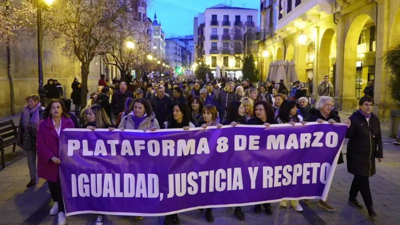 Decenas de personas durante la manifestación que recorrió las calles de Logroño el 8 de marzo con motivo del Día de la Mujer.
