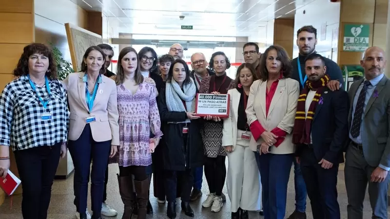 Amnistía internacional presenta 40.000 firmas por no dar 'ni un paso atrás en los derechos humanos LGBTI en Madrid durante el pleno en la Asamblea de Madrid, a 23 de noviembre de 2023, en Madrid