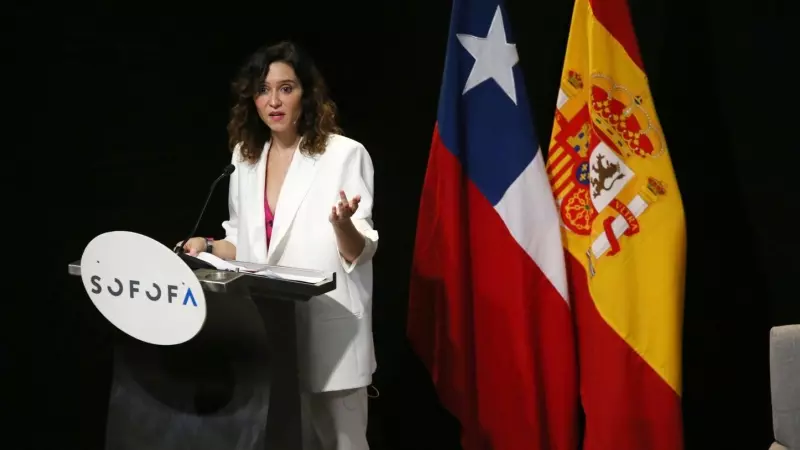 22/3/24 - La presidenta de la Comunidad de Madrid (España), Isabel Díaz Ayuso, habla durante un encuentro organizado este viernes por la conservadora patronal chilena (Sofofa), en Santiago (Chile).