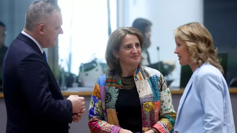 La ministra de Transición Ecológica, Teresa Ribera, charla con su análogo esloveno, Bojan Kumer (izquierda) y alemana, Steffi Lemke (derecha), a 25 de marzo de 2024.