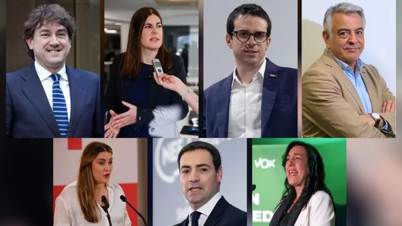 Los candidatos a las elecciones de Euskadi: Eneko Andueza (PSE-EE); Miren Gorrotxategi (Elkarrekin Podemos); Pello Otxandiano (EH Bildu); Javier De Andrés (PP); Alba García (Sumar); Imanol Pradales (PNV); y Amaia Martínez (Vox).