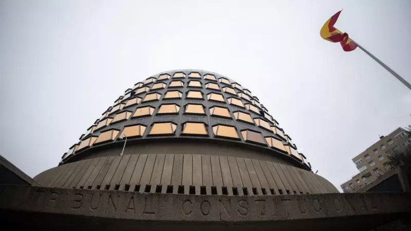 Fachada del Tribunal Constitucional el día que se rinde homenaje a Francisco Tomás Valiente, a 14 de febrero de 2024, en Madrid.