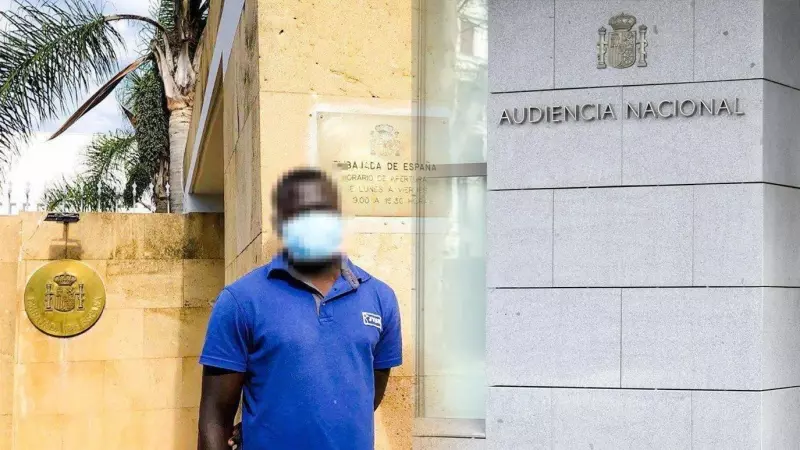 El joven sudanés Basir (nombre ficticio para proteger su identidad) en la Embajada de España en Marruecos, a 13 de diciembre de 2022, con una imagen de la fachada de la Audiencia Nacional al lado (composición)