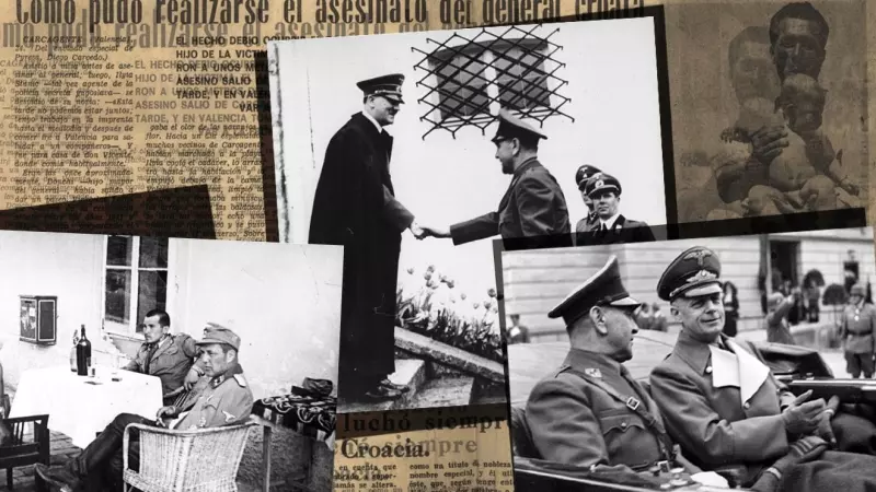 11/04/2024 Montaje fotográfico en el que figuran el al ministro de Exteriores alemán Ribbentrop, Maks Luburić y Ante Pavelić, el dirigente fascista de mayor rango, entre otros.