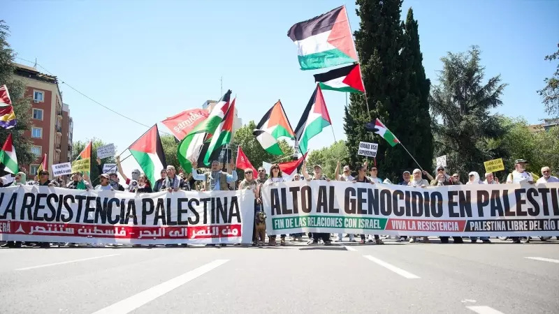 Decenas de personas con pancartas y banderas apoyan a Palestina durante la manifestación en ocasión del aniversario de la la Nakba de 1948, el 11 de mayo de 2024, en Madrid.