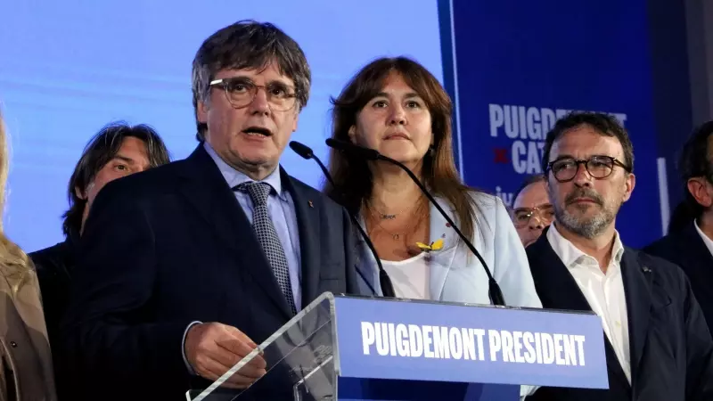Carles Puigdemont durante su comparecencia al final de la jornada electoral en Argelèrs.