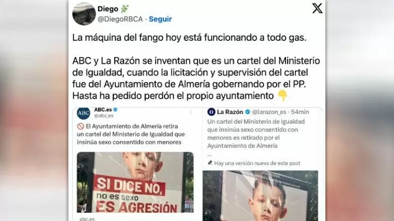 'La máquina del fango, a todo gas': el cartel de Almería o cuando hasta un error del PP sirve a la 'fachasfera' para cargar contra Igualdad