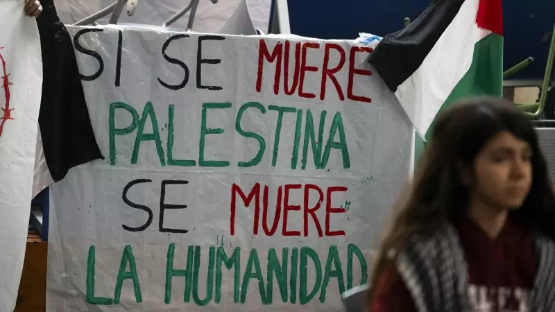 17/05/2024 Una pancarta y varias banderas de Palestina dentro de la Facultad de Filosofía de la Universitat de València, a 17 de mayo de 2024.