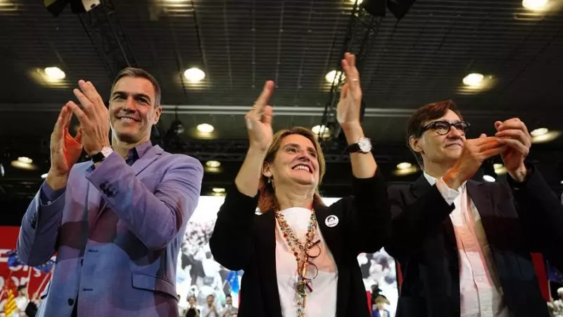 Pedro Sánchez, Teresa Ribera y Salvador Illa, en Barcelona este sábado 18/05/2024.