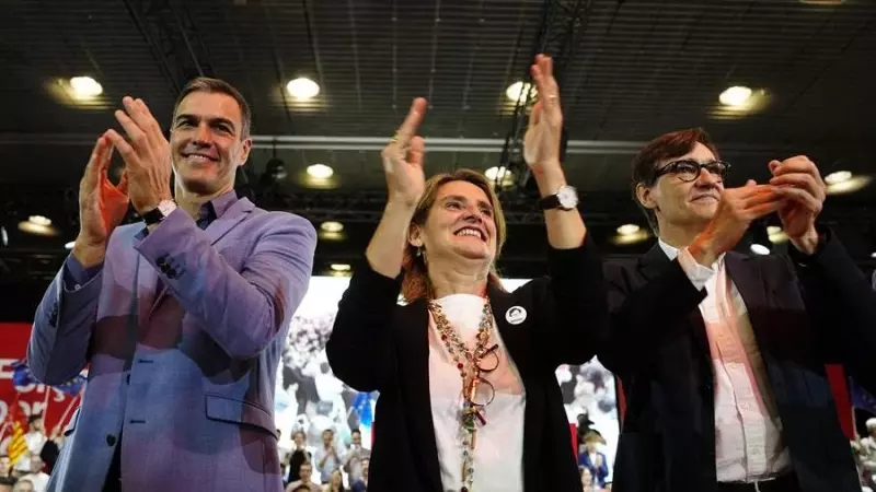 Pedro Sánchez, Teresa Ribera y Salvador Illa, en Barcelona este sábado 18/05/2024.