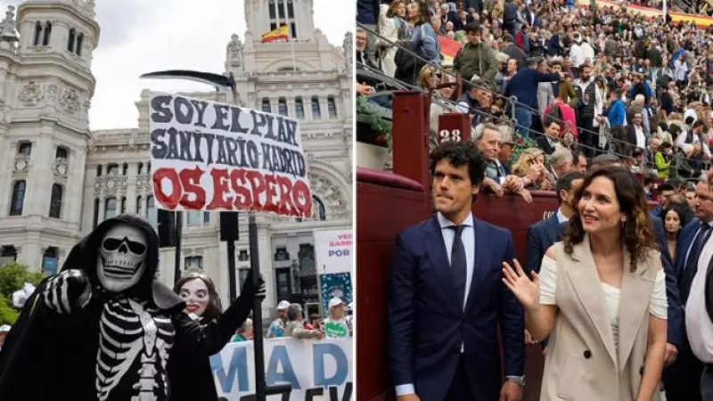 Montaje a partir de una imagen de Sergio Pérez (EFE) y otra de Borja Sánchez (EFE) donde se ilustra una manifestación por la sanidad pública en Madrid y a la presidenta Isabel Díaz Ayuso