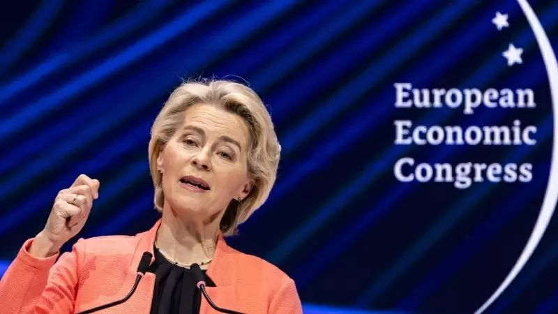 La presidenta de la Comisión Europea, Ursula von der Leyen, durante una rueda de prensa en Polonia, a 7 de mayo de 2024.