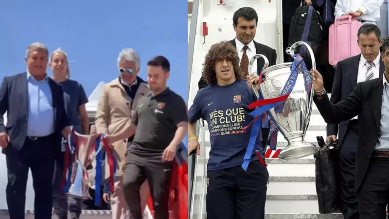 Comparación de imágenes del equipo femenino y masculino del FC Barcelona bajando del avión tras ganar la Champions League.