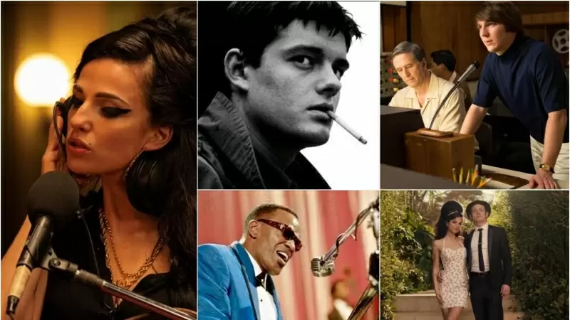 Imágenes de películas sobre cantantes. 'Back to Black' (izquierda y abajo derecha ), 'Control' (arriba centro), 'Ray' (abajo centro) y 'Love & Mercy' (arriba derecha)