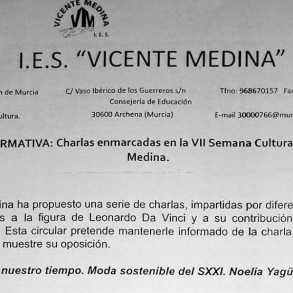Circular sobre una charla programada en la semana cultural de un centro de Murcia.