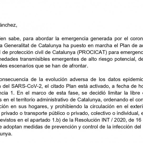 Carta del president de la Generalitat, Quim Torra, al president espanyol, Pedro Sánchez.
