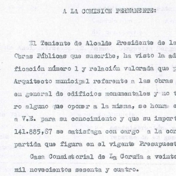 Acta de la Comisión permanente por la que se adjudican 142.000 pesetas en 1964 a obras de reparación a la Casa Cornide.